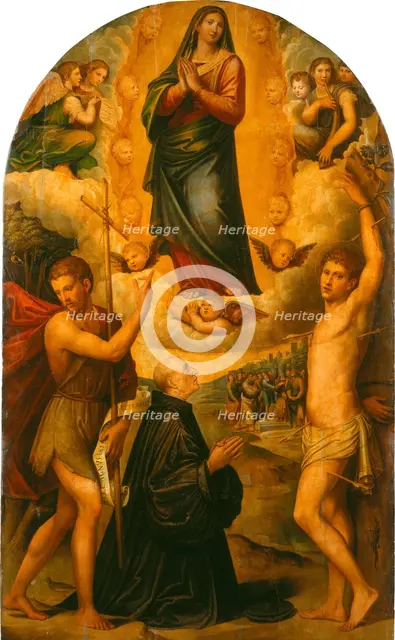 The Assumption of the Virgin with Saint John the Baptist, Saint Sebastian and a Donor, c1530. Creators: Giacomo Francia, Giulio Francia.