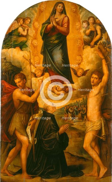 The Assumption of the Virgin with Saint John the Baptist, Saint Sebastian and a Donor, c1530. Creators: Giacomo Francia, Giulio Francia.