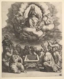 The Assumption of the Virgin, below the apostles surround the tomb, 1530-60. Creator: Master of the Die