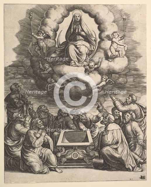The Assumption of the Virgin, below the apostles surround the tomb, 1530-60. Creator: Master of the Die.