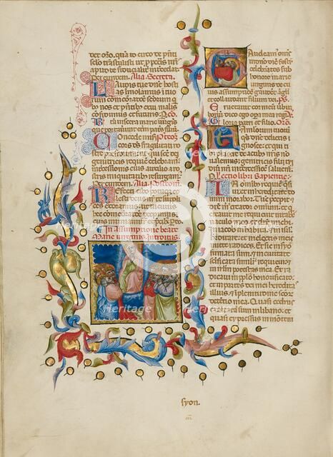The Assumption of the Virgin: Initial G: Saint Thomas Receiving the..., between about 1389 and 1400. Creator: Master of the Brussels Initials.