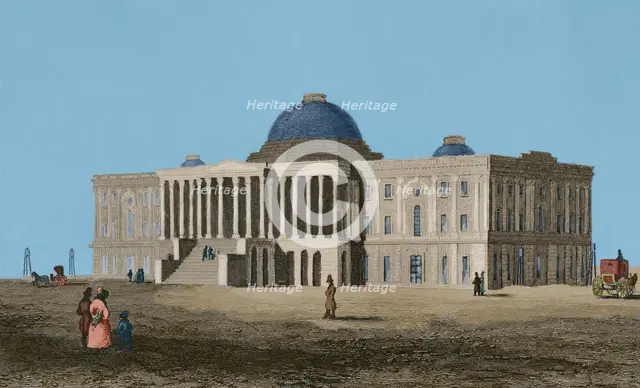 The building of the US Capitol...first phase of construction, Washington DC, 1837, (1850).  Creator: Jules Louis Arnout.