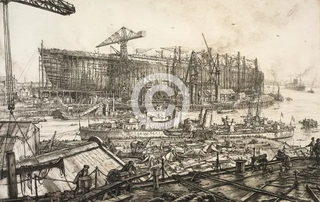 The building of the " Queen Elizabeth", John Brown's Yard, Clydebank, 1938. Creator: David Muirhead Bone.