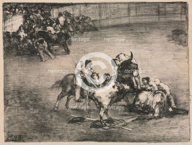 The Bulls of Bordeaux: Picador Caught by a Bull, 1825. Creator: Francisco de Goya (Spanish, 1746-1828).