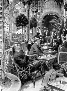 The busy man's play-time: the good music, coffee and cigar in a winter garden, 1909. Creator: Samuel Begg