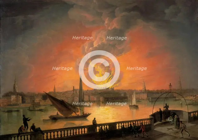 'The Burning of Drury Lane Theatre from Westminster Bridge', c1809. Creator: Thomas Luny.