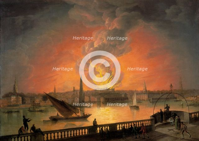 'The Burning of Drury Lane Theatre from Westminster Bridge', c1809. Creator: Thomas Luny.