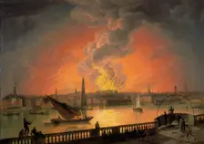The Burning of Drury Lane Theatre from Westminster Bridge c1809. Creator: Thomas Luny