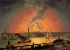 The Burning of Drury Lane Theatre from Westminster Bridge c1809. Creator: Thomas Luny