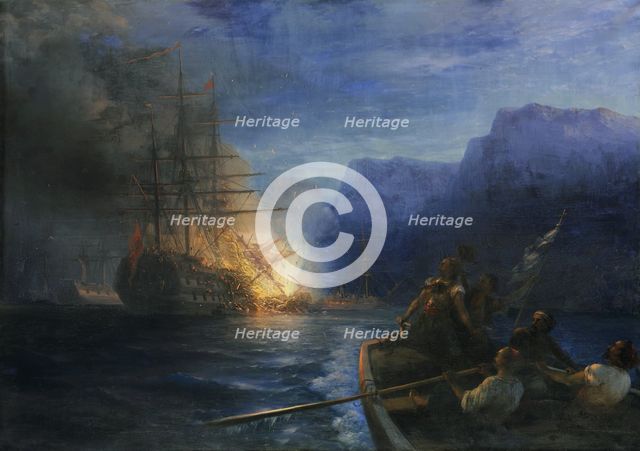 The Burning of the Ottoman flagship off Chios by Konstantinos Kanaris , 1881. Creator: Aivazovsky, Ivan Konstantinovich (1817-1900).