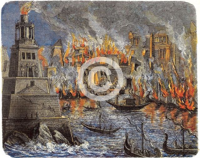 The Burning of the Library of Alexandria, 1876. Artist: Anonymous  
