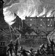 The Burning of the Pantechnicon: the fire, seen from the roof of Rice's Stables, 1874. Creator: Unknown