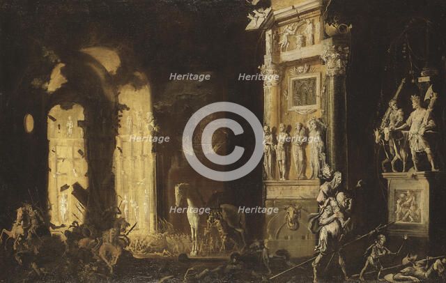 The Burning of Troy with the Flight of Aeneas and Anchises, early-mid 17th century. Creator: Francois de Nome.