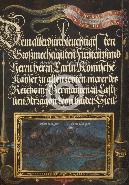 The Burning of Troy: Banner of the House of Hapsburg, 1561-1562; illumination added 1591-1596. Creator: Joris Hoefnagel.