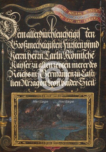 The Burning of Troy: Banner of the House of Hapsburg, 1561-1562; illumination added 1591-1596. Creator: Joris Hoefnagel.