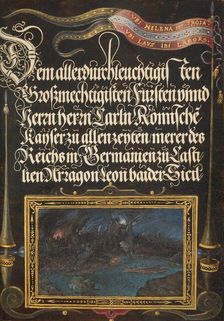 The Burning of Troy: Banner of the House of Hapsburg, 1561-1562; illumination added 1591-1596. Creator: Joris Hoefnagel