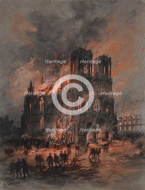 The burning Reims Cathedral, 1914-1915.