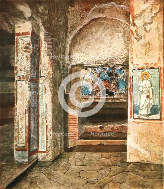 The burial-chapel of SS. Felix and Adauctus in the Catacombs of Commodilla, Rome, Italy, (1928).  Creator: Unknown.