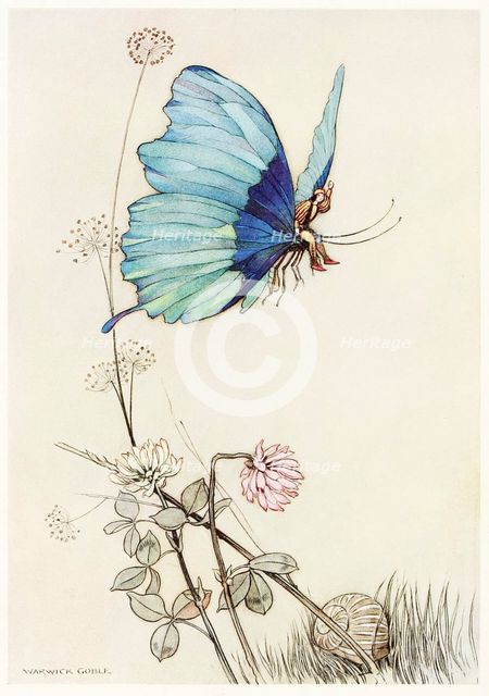 The Butterfly Took Wing, and Mounted Into the Air with little Tom on his Back, from The Fairy Book,1 Creator: Warwick Goble (1862 - 1943).