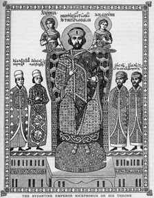 The Byzantine Emperor Nicephorus on his throne, 11th century (1908)
