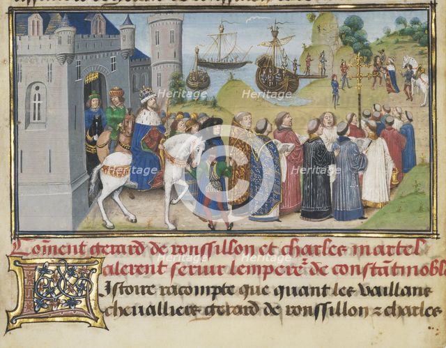 The Byzantine Emperor Welcoming Roussillon and Martel, 1468-1470. Artist: Liédet, Loyset (1420-1479)