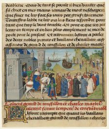 The Byzantine Emperor Welcoming Roussillon and Martel, written 1463-1465; illuminated 1467-1472. Creators: Loyset Liedet, Pol Fruit
