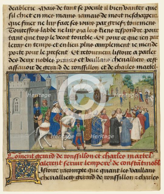 The Byzantine Emperor Welcoming Roussillon and Martel, written 1463-1465; illuminated 1467-1472. Creators: Loyset Liedet, Pol Fruit.