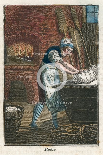 The baker kneading dough on the lid of a flour bin, 1823. Creator: Unknown.