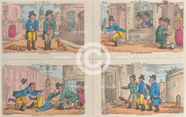 The Bailiff's Hunt: At Fault, The Second Escape, Double and Squat, and The Seizure, 1809., 1809. Creator: Thomas Rowlandson.