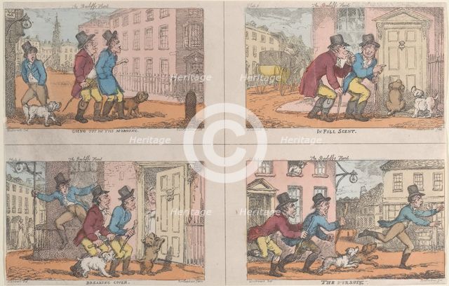 The Bailiff's Hunt: Going Out in the Morning, In Full Scent, Breaking Cover, and The Pursu..., 1809. Creator: Thomas Rowlandson.