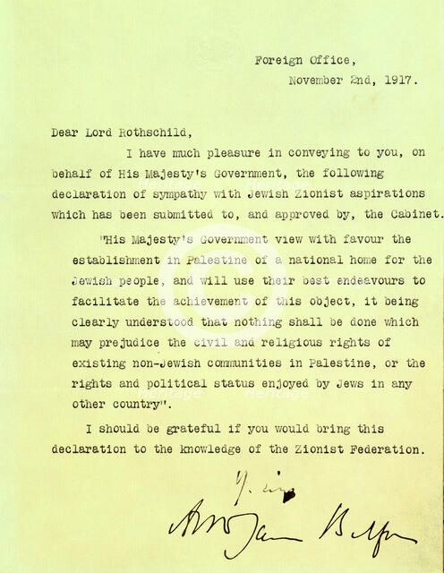 The Balfour Declaration, 1917. Creator: Arthur Balfour.