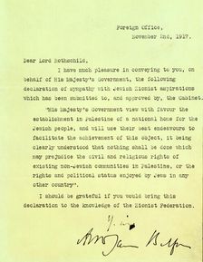 The Balfour Declaration, 1917. Creator: Arthur Balfour
