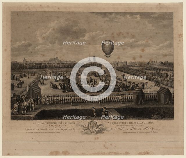 The balloon of Jean-Pierre Blanchard ascending from Lille on August 26, 1785, 1785. Artist: Watteau, Louis (1731-1798)