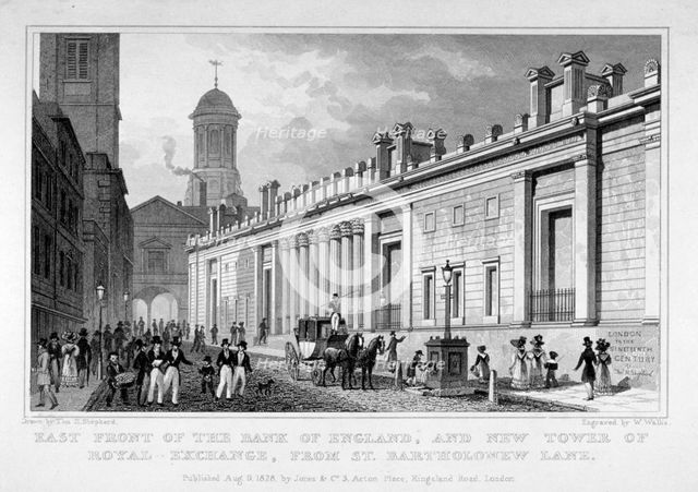 The Bank of England and new tower of the Royal Exchange, City of London, 1828. Artist: W Wallis