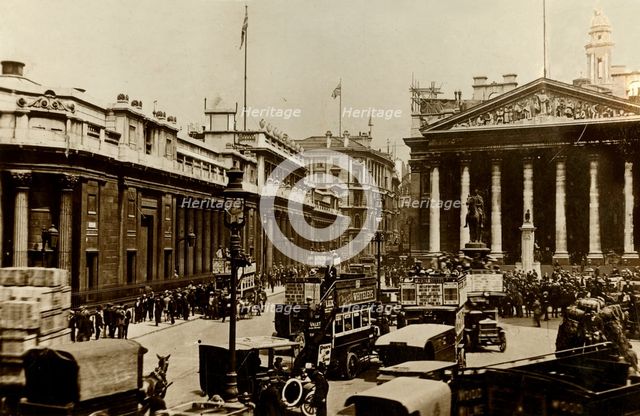 The Bank of England and Royal Exchange, London, c1910. Creator: Unknown.