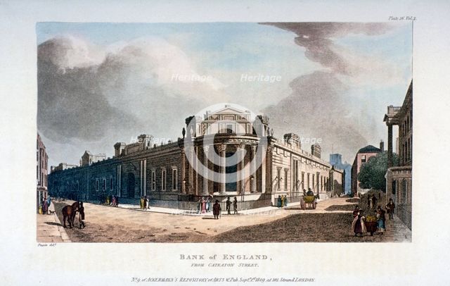 The Bank of England, from Cateaton Street, City of London, 1809. Artist: Augustus Charles Pugin