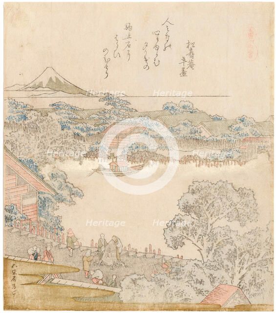 The banks of the Sumida river, Komatomeishi. Triptych from the series Umazukushi, left part, 1822. Creator: Hokusai, Katsushika (1760-1849).