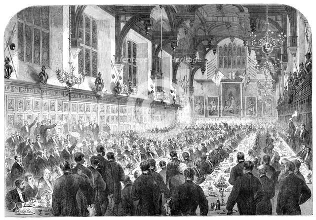 The banquet given to M. Berryer in the Middle Temple Hall by the members of the English Bar, 1864. Creator: Unknown.