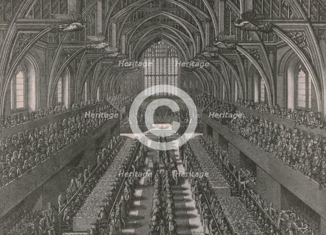The banquet in the Great Hall at the Palace of Westminster...coronation of James II in 1685, (1902). Creator: Unknown.