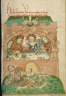 The Banquet of the Rich Man with Lazarus Outside Attacked by Dogs; Barlaam und Josaphat, 1469. Creators: Hans Schilling, Diebolt Lauber