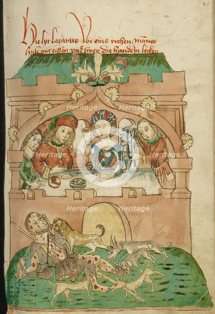 The Banquet of the Rich Man with Lazarus Outside Attacked by Dogs; Barlaam und Josaphat, 1469. Creators: Hans Schilling, Diebolt Lauber.