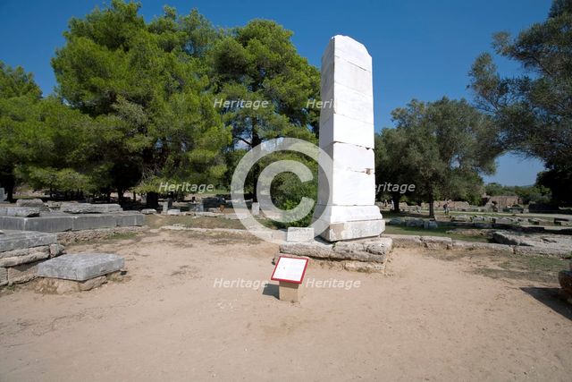 The base of the Nike of Paionios sculpture at Olympia, Greece. Creator: Samuel Magal.