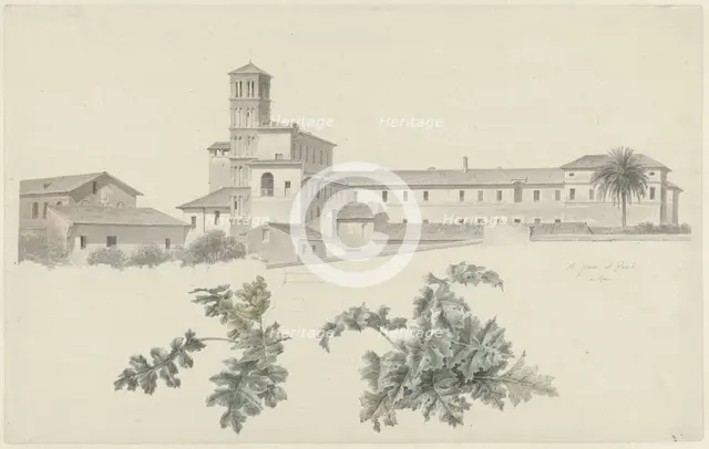The Basilica of Santi Giovanni e Paolo in Rome, with Two Studies of Plants, c.1809-c.1812. Creator: Josephus Augustus Knip.