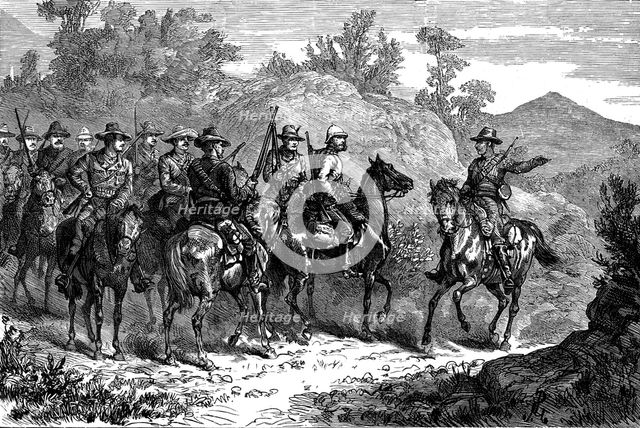 The Basuto War: colonial volunteers reconnoitring - return of the scout, 1881. Creator: Unknown.