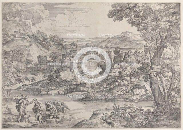 The Baptism of Christ at lower left, within a landscape, 1626-80., 1626-80. Creator: Giovanni Francesco Grimaldi.