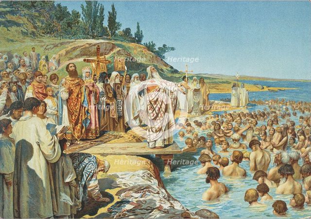 The baptism of the residents of Kiev in 988. Artist: Lebedev, Klavdi Vasilyevich (1852-1916)