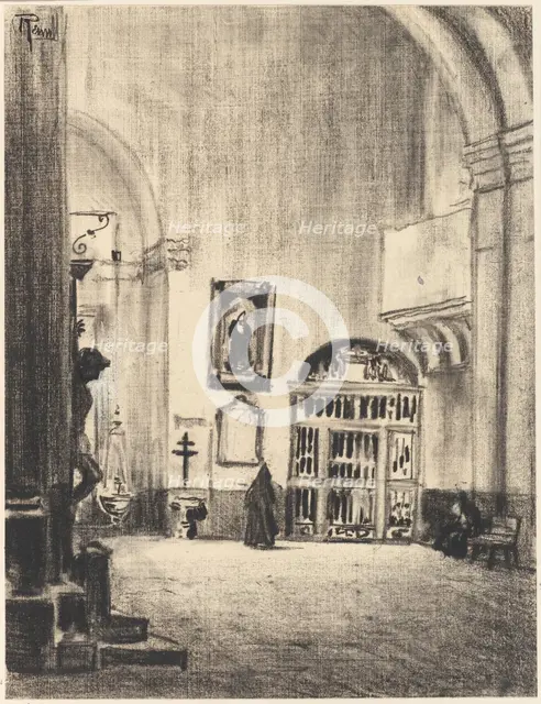 The Baptismal Font of Cervantés, Santa Maria la Mayor, Alcalá, c. 1903. Creator: Joseph J Pennell.
