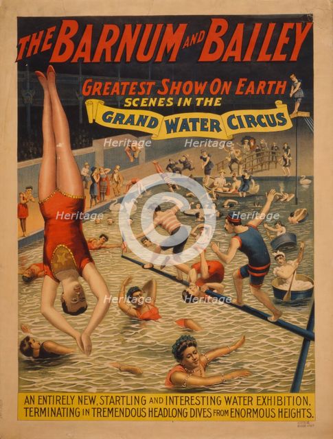 The Barnum & Bailey greatest show on earth. Scenes in the grand water circus, c. 1895. Artist: The Strobridge Lithographing Company  