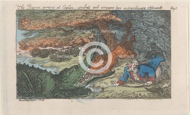 The Baron arrives at Ceylon, combats and conquers two extraordinary oppon..., [1809], reissued 1811. Creator: Thomas Rowlandson.
