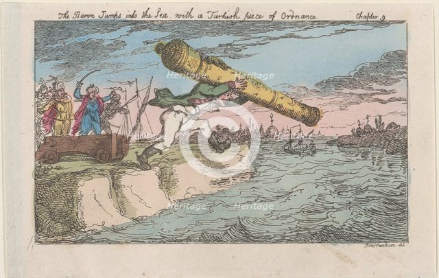 The Baron Jumps into the Sea with a Turkish piece of Ordnance, [1809], re..., [1809], reissued 1811. Creator: Thomas Rowlandson.